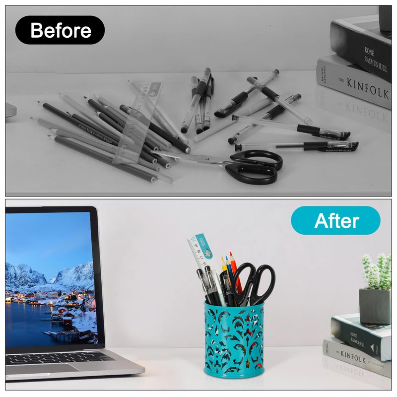 EasyPAG Teal Pen Holder for Desk, 2 Pack Round Pen Organizer, Brush Holder for Vanity, Metal Pencil Cup Organizer for Home, Office, Classroom, School - Image 5
